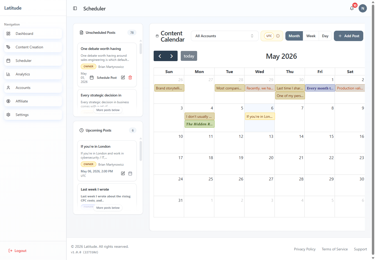 Live Latitude agency Scheduler view with All Accounts selected, unscheduled posts across owners, upcoming posts, and shared content calendar