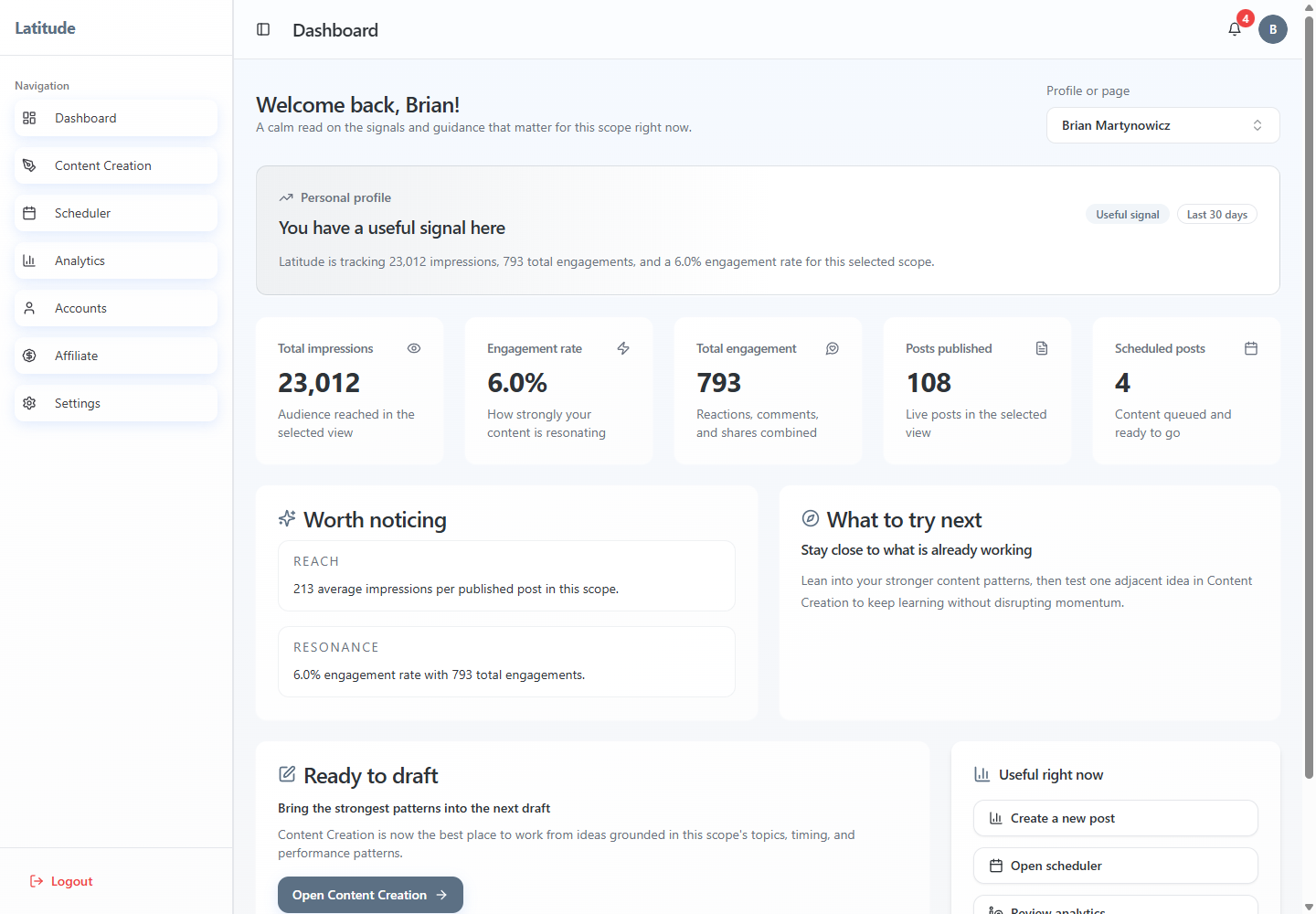 Live Latitude dashboard with selected profile, impressions, engagement, published posts, scheduled posts, and next-step guidance