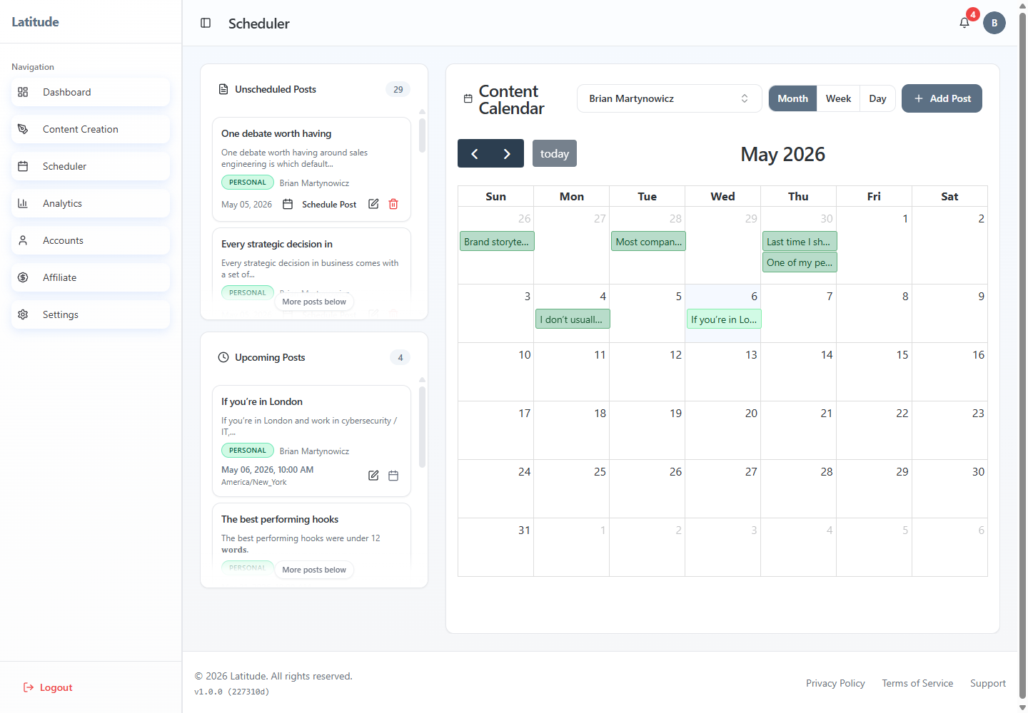 Live Latitude Scheduler view with unscheduled posts, auto-schedule control, upcoming posts, and monthly content calendar
